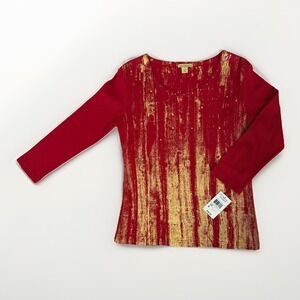 Cha-Cha Vente Red Pullover M Women's Top With Gold Embellishment 3/4 Sleeve NWT